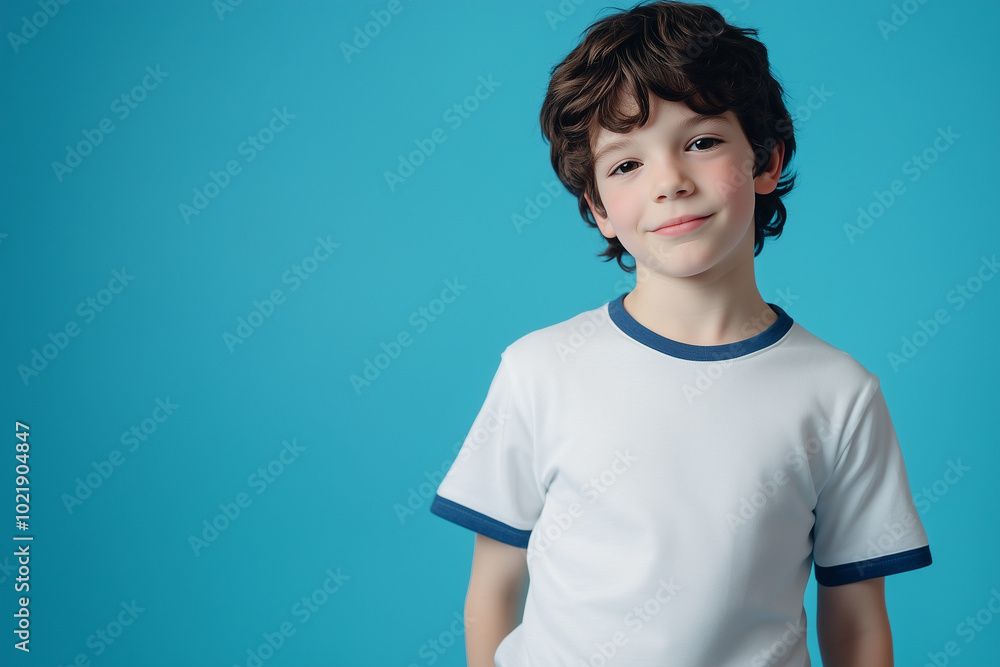 Person in white t-shirt with blue edges and blue sweatpants, blue studio background, half-body portrait