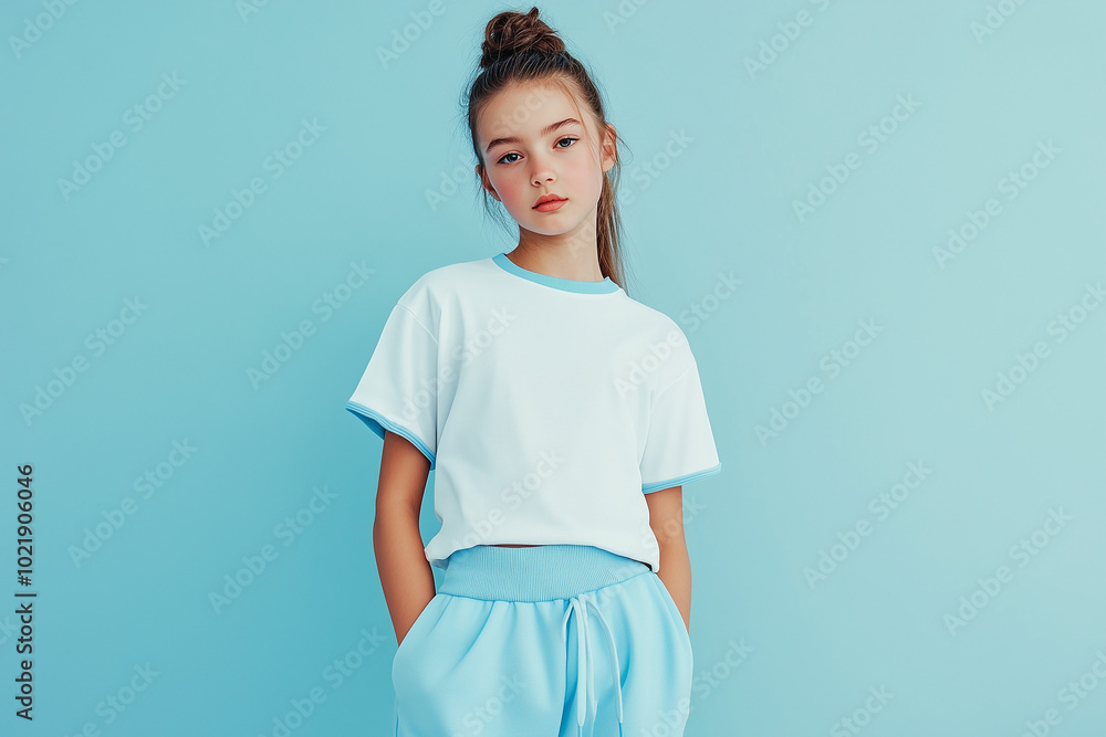 Person in white t-shirt with blue edges and blue sweatpants, blue studio background, half-body portrait Person in white t-shirt with blue edges and blue sweatpants, blue studio background, half-body portrait