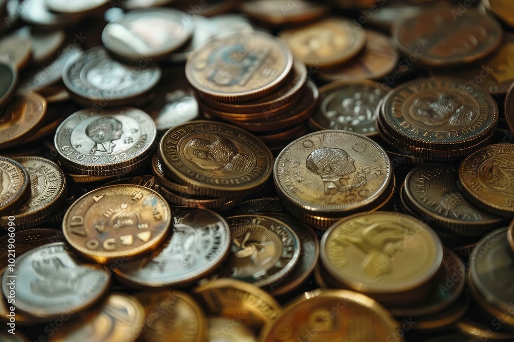 Large pile of old coins with various portraits of world leaders is glistening under warm lighting