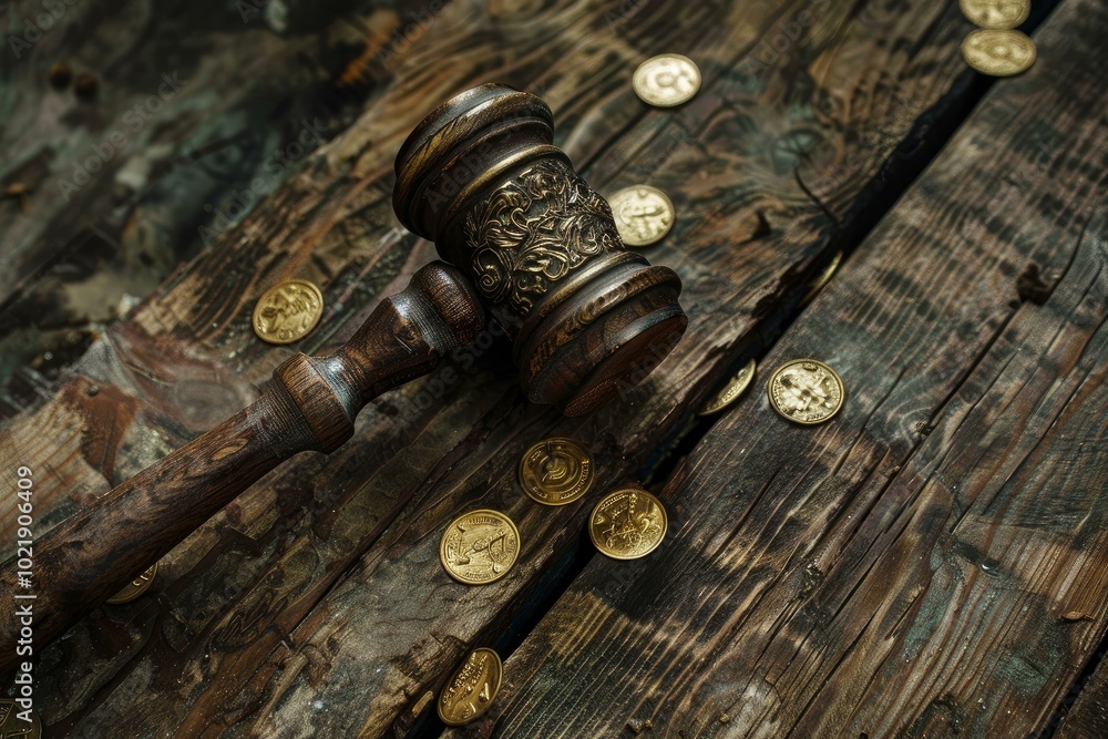 Ornate gavel lying on grunge wooden table with gold coins surrounding, concept of corruption and justice Ornate gavel lying on grunge wooden table with gold coins surrounding, concept of corruption and justice