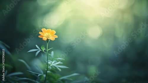   A yellow flower is visible against blurred tree and bush background