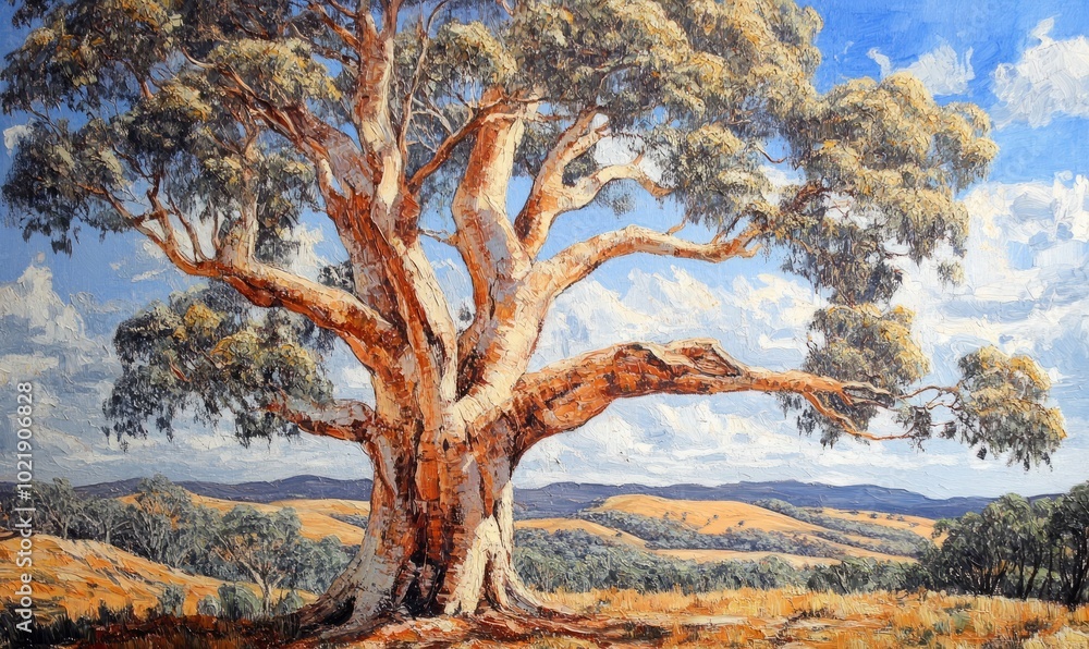 Huge gum tree on dry Australian landscape