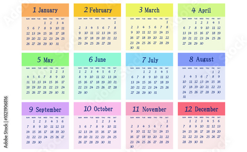 2025年の年間カレンダー　日曜日始まり