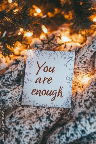 A note with the quote "You are enough" written in vibrant ink, resting on a soft, cozy bedspread with fairy lights softly glowing in the background, creating an intimate, self-affirming moment. 