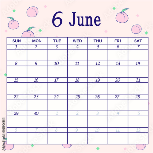 2025年6月のカレンダー　日曜日始まり