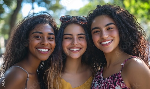 company friends women toothy smile good mood free time chill walk city park outdoors