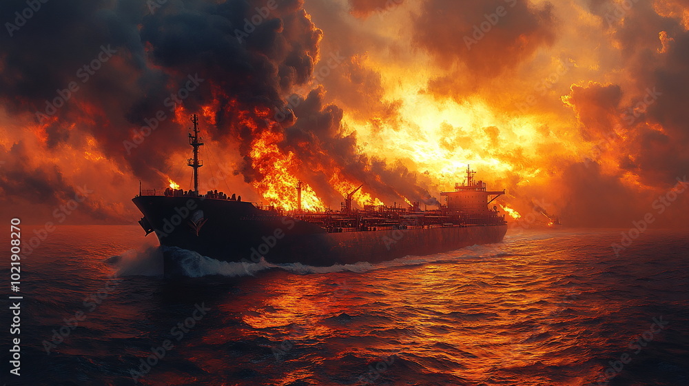 Obraz premium Critical Moments with a Oil Tanker Fires at Sea