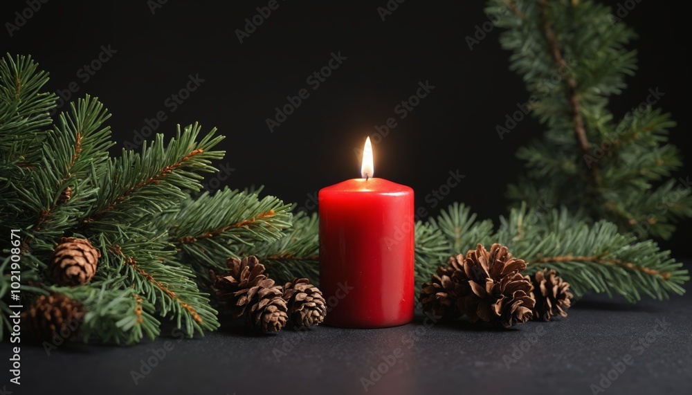 A warm red candle surrounded by pine branches and cones, casting a gentle glow, perfect for cozy winter evenings A warm red candle surrounded by pine branches and cones, casting a gentle glow, perfect for cozy winter evenings