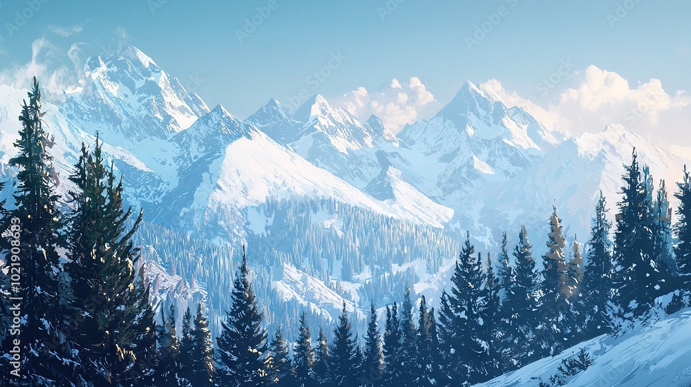 Fototapeta premium A stunning snow-capped mountain surrounded by lush pine trees against a tranquil blue backdrop