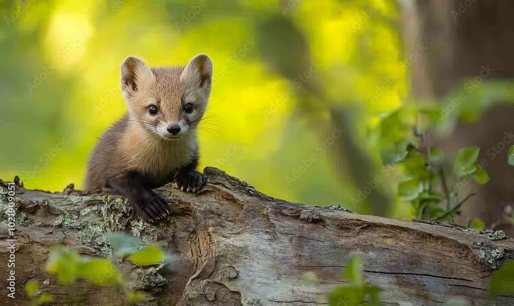 Obraz premium Pine marten on a log, Indiana, USA