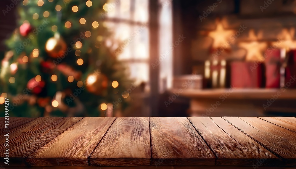 Empty wooden table with christmas theme in background, mock-up for product display, Christmas background, copy space Empty wooden table with christmas theme in background, mock-up for product display, Christmas background, copy space