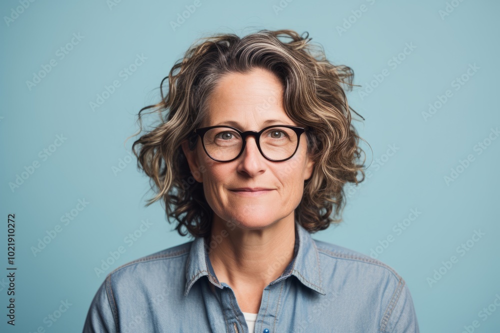 Portrait of a middle-aged woman with curly hair and eyeglasses on a blue background Portrait of a middle-aged woman with curly hair and eyeglasses on a blue background