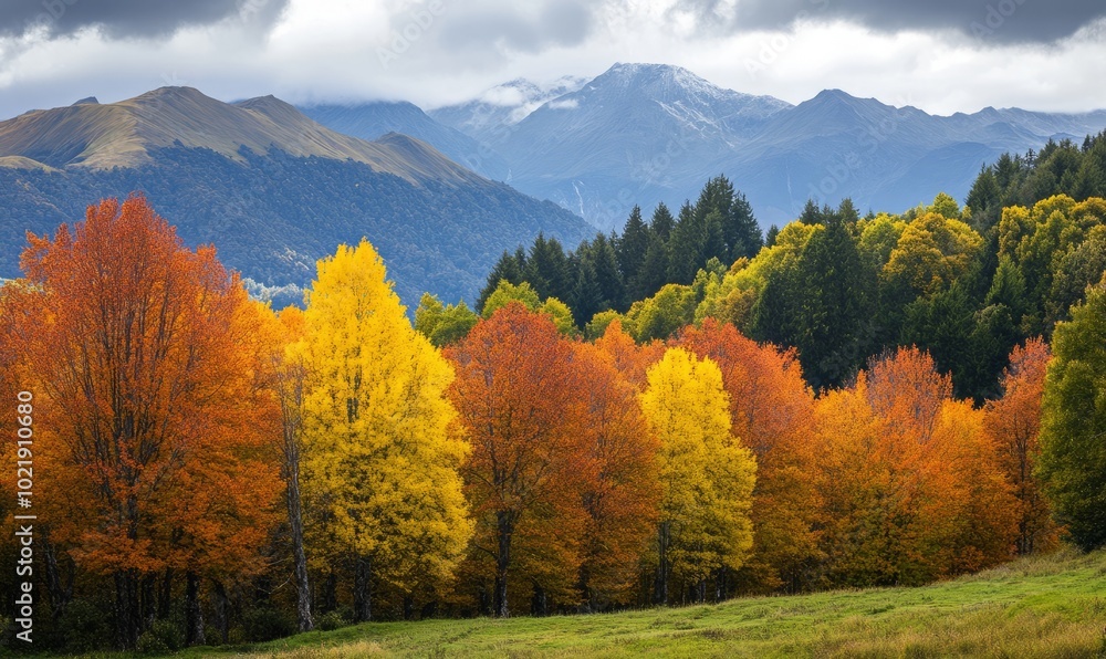 Fototapeta premium landscape with autumnal coloured trees in front of mountains