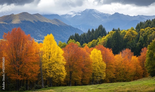 landscape with autumnal coloured trees in front of mountains