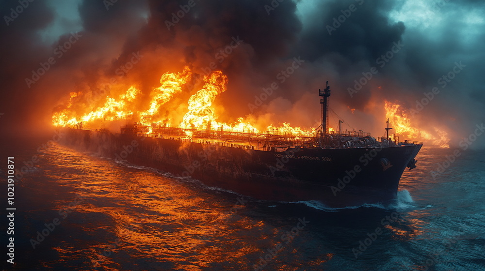 Fototapeta premium Critical Moments with a Oil Tanker Fires at Sea