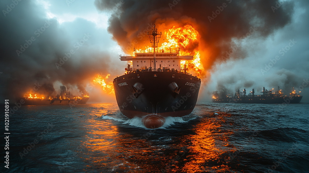 Fototapeta premium Critical Moments with a Oil Tanker Fires at Sea