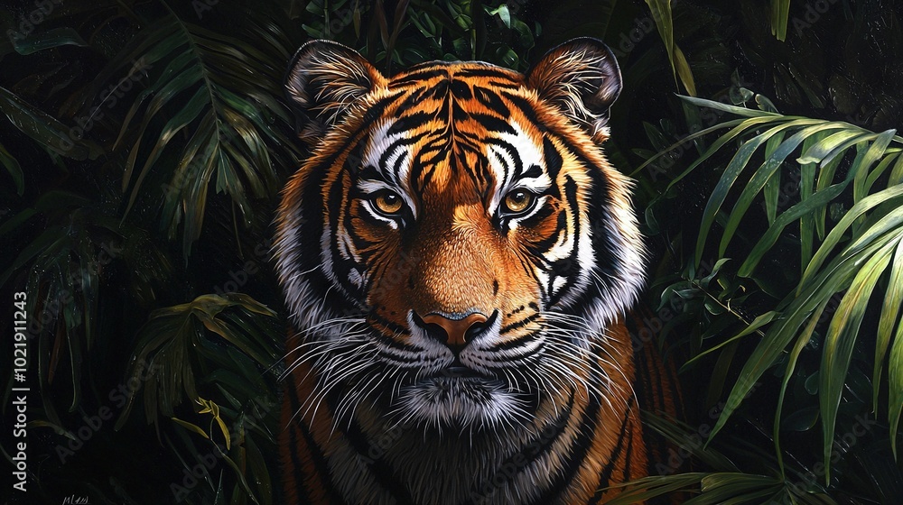 Fototapeta premium A painting of a tiger in the jungle with green foliage surrounding its face