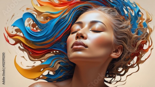 Portrait of a serene woman with colorful, flowing hair in an abstract style.