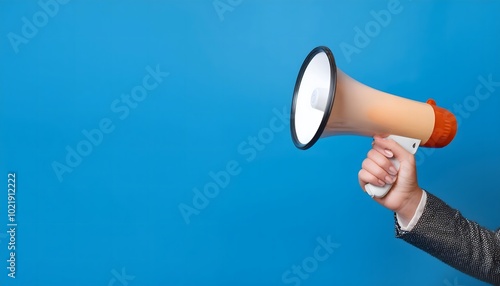 Hand holding A megaphone announces sales and discounts, on a vibrant blue background. Marketing banner