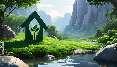 Green eco-friendly natural beauty, outdoor scenery under environmental protection logo.