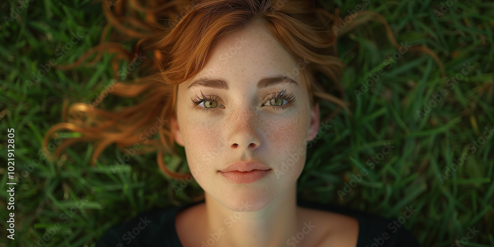 Athletic 25 years old redhead girl with body lying on grass face up, cinematic and attractive shot, American summer shot, heat, sporty summer clothes Athletic 25 years old redhead girl with body lying on grass face up, cinematic and attractive shot, American summer shot, heat, sporty summer clothes