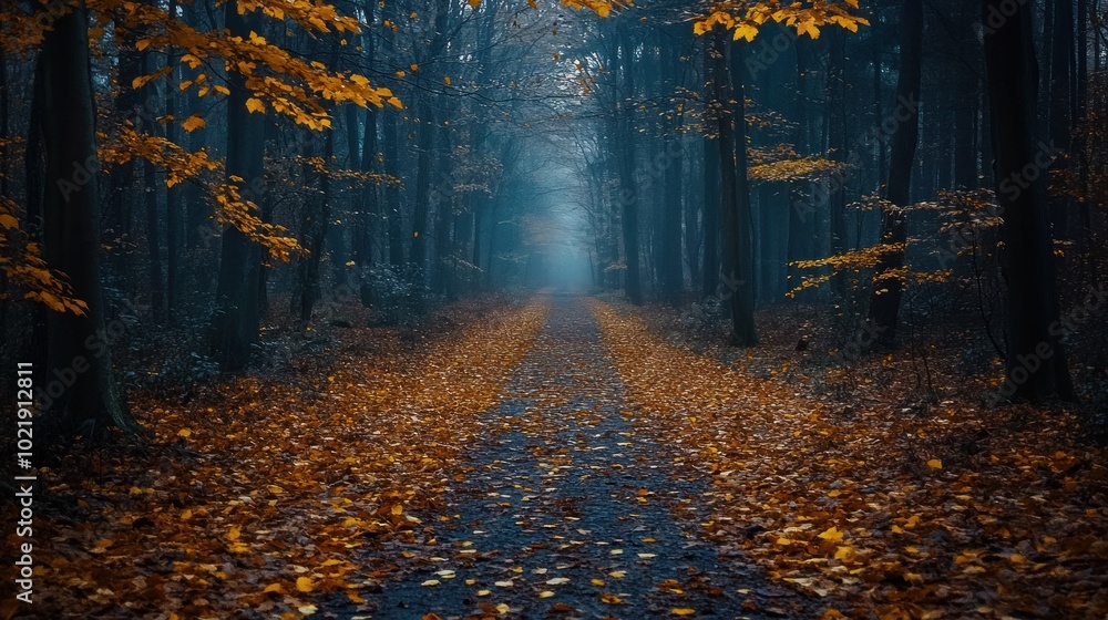 A misty forest path with fallen leaves, leading into the unknown. A misty forest path with fallen leaves, leading into the unknown.