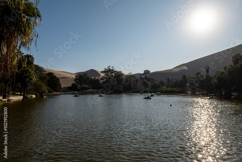 Oasis with Pedal Boats in the Middle of a Large Desert Known as Huacachina in Ica, Peru
