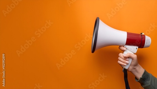 Hand holding A megaphone announces sales and discounts, on a vibrant orange background. Marketing banner