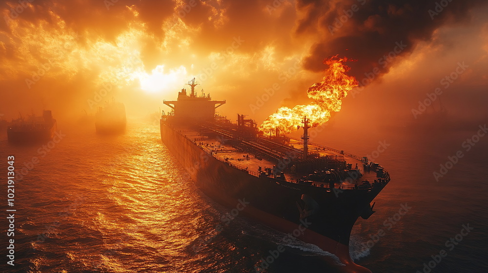 Fototapeta premium Critical Moments with a Oil Tanker Fires at Sea