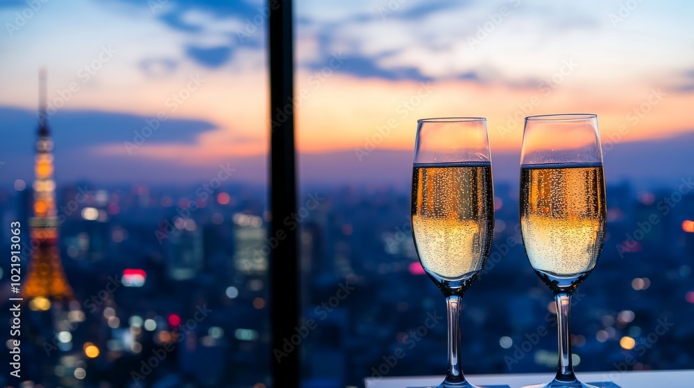 Obraz premium Close-up of champagne glasses overlooking the skyline of a beautiful city, romantic dinner generative ai