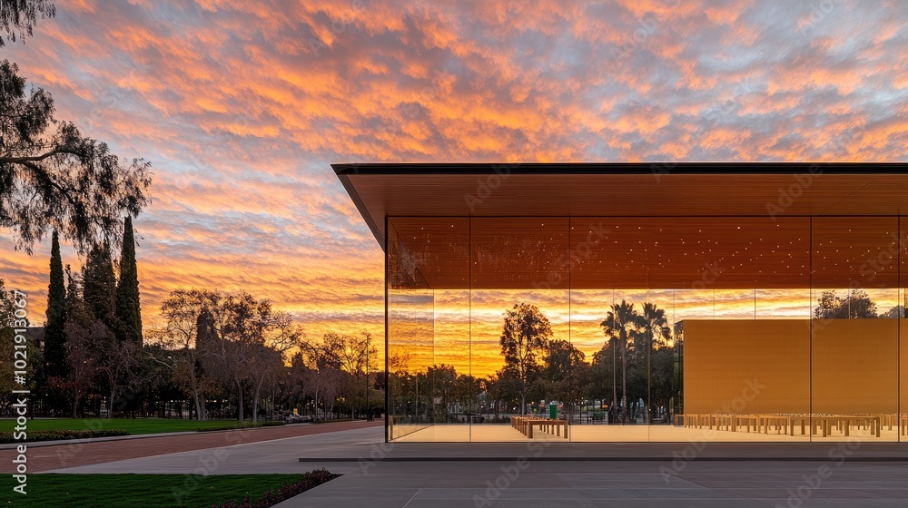 Fototapeta premium As the sun rises, vibrant orange and yellow hues fill the sky, casting reflections on the glass walls and illuminating the serene landscape