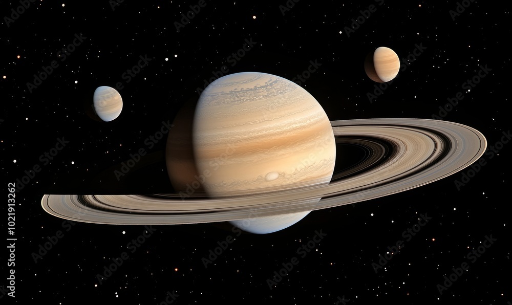 Fototapeta premium saturn planets in deep space with rings and moons surrounded. isolated on black background