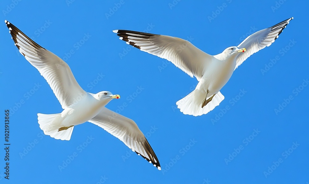 Obraz premium Pair of seagulls flying in the blue sky