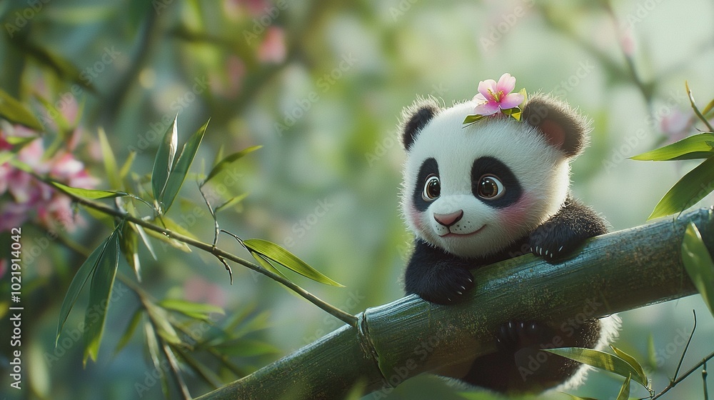 Fototapeta premium Panda bear sitting on tree branch with pink flower in hair