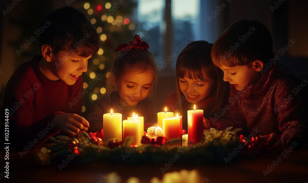 Parents and children sharing a moment of joy as they light the candles on the Advent wreath together. Parents and children sharing a moment of joy as they light the candles on the Advent wreath together.