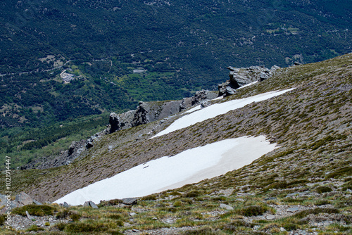 Panoramic view on snowy mountains on hiking trail to Mulhacen peak in the spring, Sierra Nevada range, Andalusia, Spain