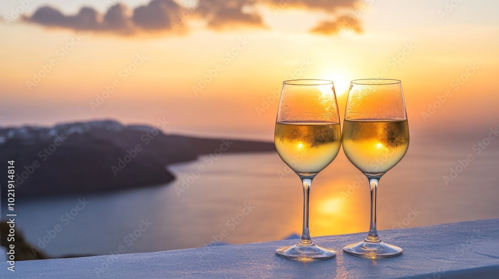 Closeup of two glasses of white wine on a rooftop terrace overlooking the ocean generative ai Closeup of two glasses of white wine on a rooftop terrace overlooking the ocean generative ai
