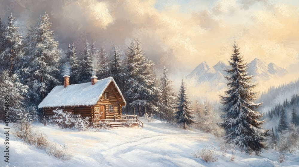 A cozy wooden cabin sits in a snowy forest with a path leading to it, the sun is setting behind the mountains creating a warm glow. A cozy wooden cabin sits in a snowy forest with a path leading to it, the sun is setting behind the mountains creating a warm glow.