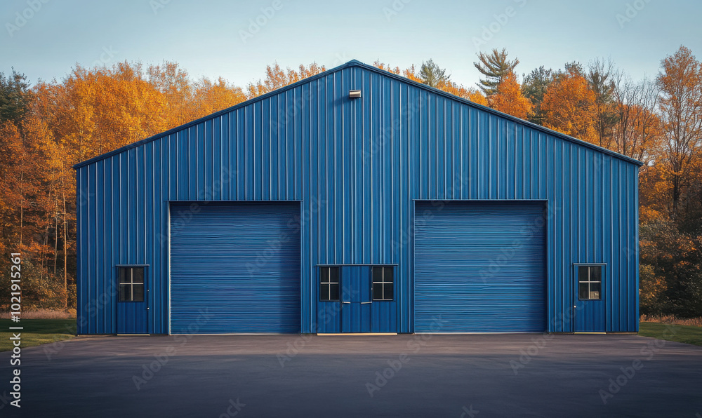 A large blue metal building with multiple doors stands on a paved lot against a clear blue sky
A large blue metal building with multiple doors stands on a paved lot against a clear blue sky