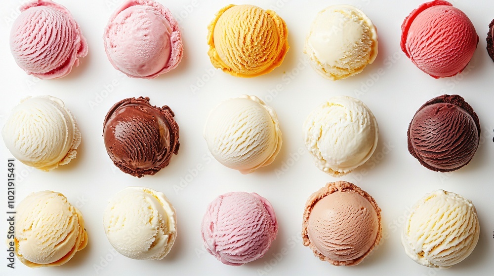 A colorful array of ice creams stacked atop a white table A colorful array of ice creams stacked atop a white table