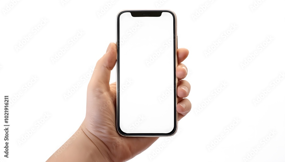 Smartphone mockup, phone holding by hand, isolated on a white background, white display, Mockup banner background Smartphone mockup, phone holding by hand, isolated on a white background, white display, Mockup banner background
