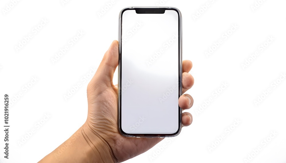 Smartphone mockup, phone holding by hand, isolated on a white background, white display, Mockup banner background Smartphone mockup, phone holding by hand, isolated on a white background, white display, Mockup banner background