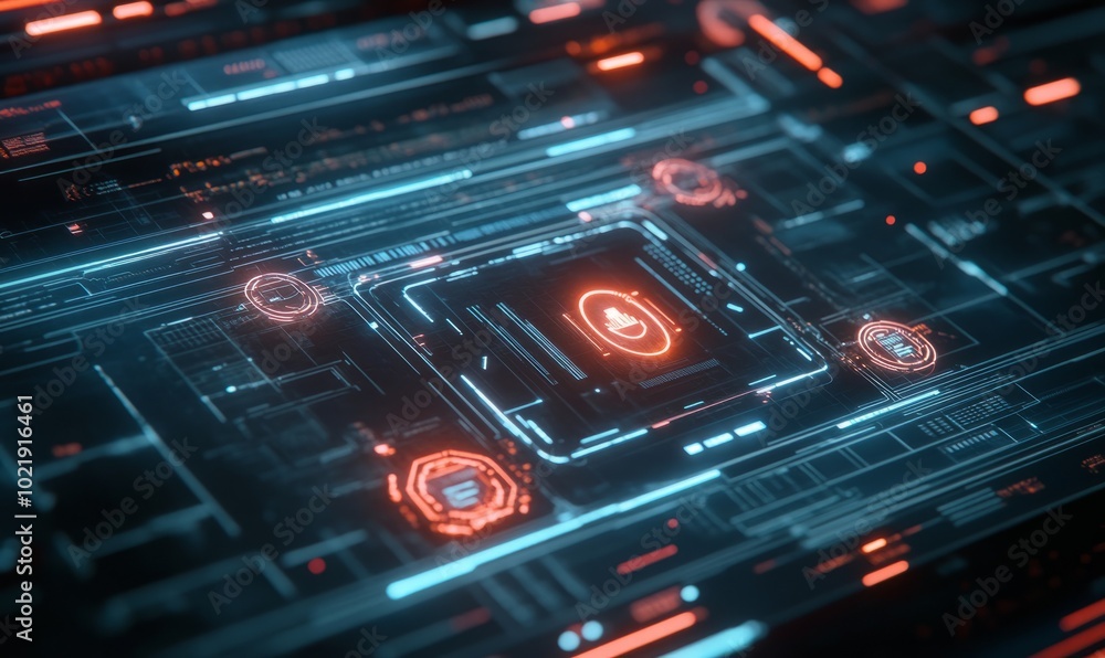 Security alert hologram with glowing business dashboard icons, system hacked Security alert hologram with glowing business dashboard icons, system hacked