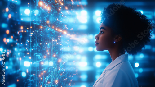 A young Black female scientist stands confidently in a high-tech lab, surrounded by glowing digital interfaces showcasing a global network of communications. The wide-angle view em