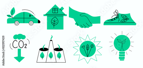 Esg concept  icons pack. Collection of conceptual graphic stickers. Symbols about environmental, social governance and  sustainability. Green vector illustration