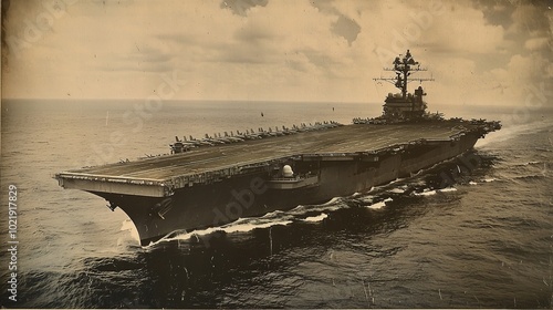 A vintage-style image of an aircraft carrier sailing on calm waters, showcasing naval expertise and military significance. photo