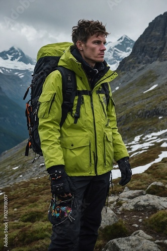 Adventurer in a vibrant green jacket explores the rugged mountains of Naturepunk under an ominous sky at twilight. photo