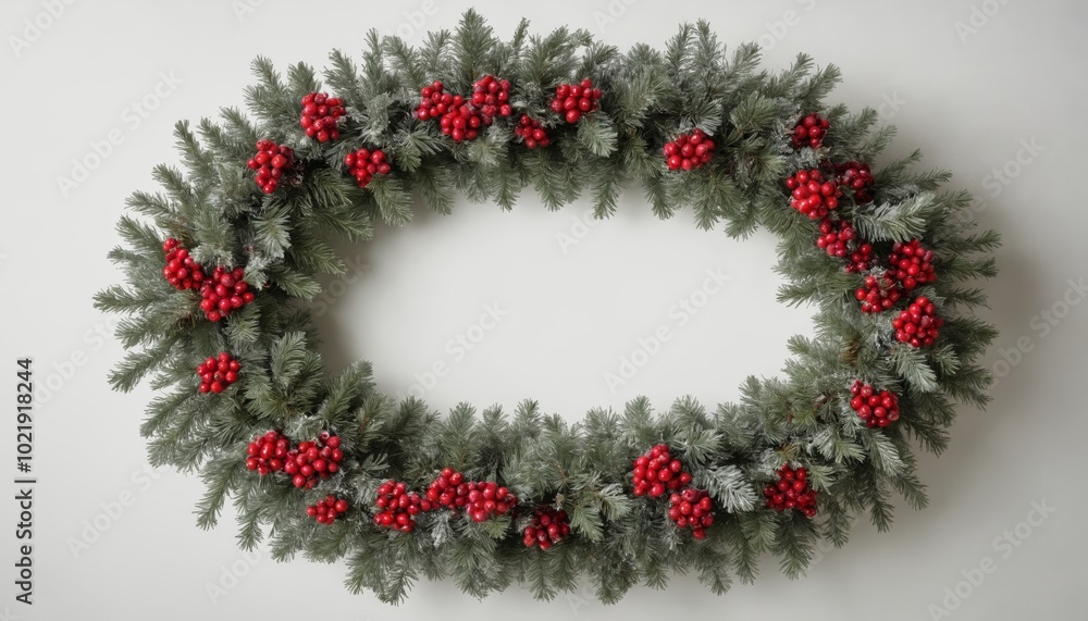 Festive oval wreath adorned with vibrant red berries and frosted greenery perfect for holiday decoration Festive oval wreath adorned with vibrant red berries and frosted greenery perfect for holiday decoration