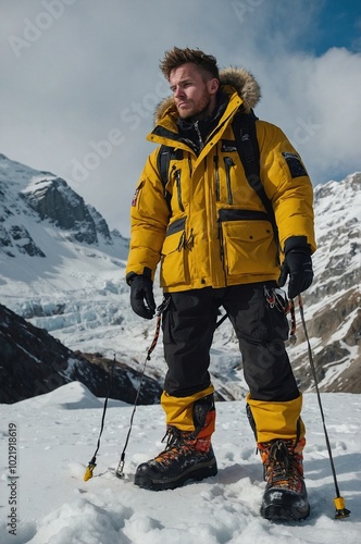 Adventurer stands on snowy landscape in yellow gear, preparing to explore the dim, foreboding world of Naturepunk mountains. photo