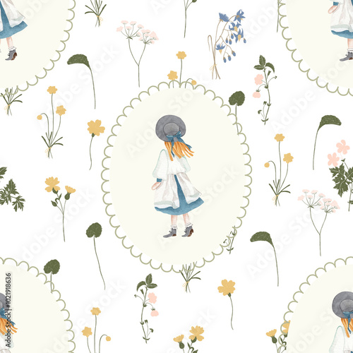 Seamless pattern of wildflowers and standing little girl with a hat and wearing vintage dress around oval wreath on white background